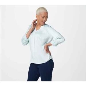 Elizabeth & Clarke Curved Hem Roll-Tab Sleeve Blouse w/StainTech Seaglass Size 6
